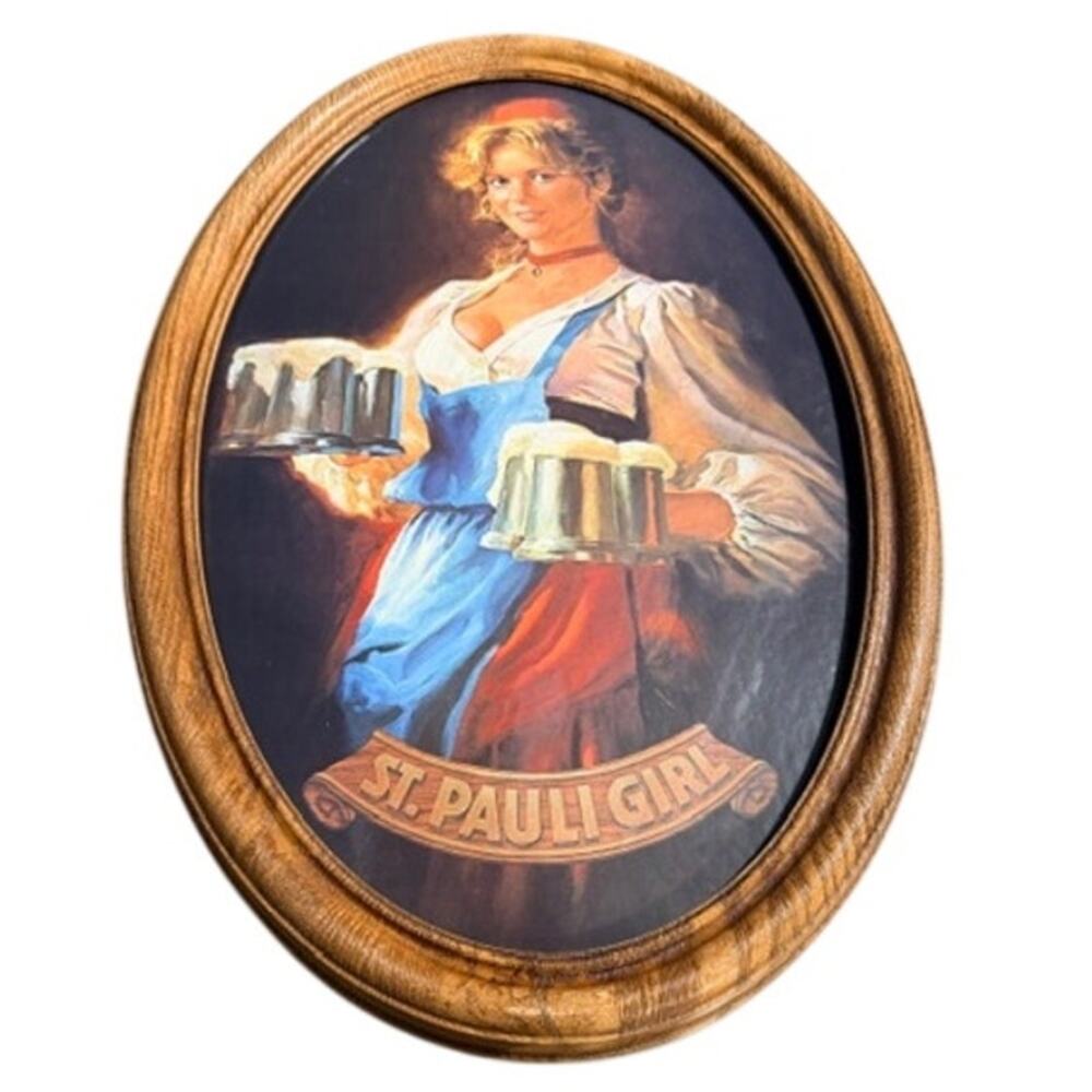 St. Pauli Girl Beer Serving Girl Oval Wall Plaque Vintage Bar Decor